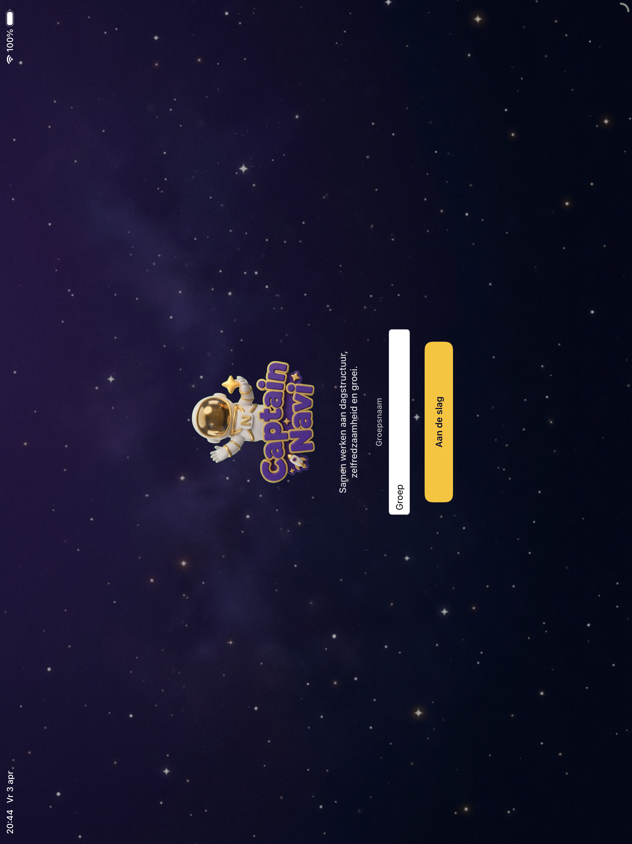 Onboarding welkomscherm met Navi mascotte